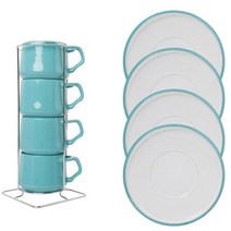 덴스크 코벤스타일 티잔 4p + 받침 4p + 컵 거치대 커피잔 세트, 민트, 1세트