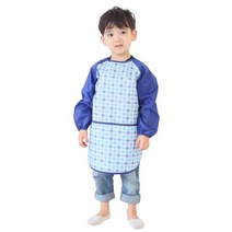 플리에 남아용 긴소매 앞치마, 블루 + 체크