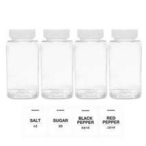 홈앤라이프 투명사각 PET 양념통 200ml 세트, 1세트, 양념통 4p + 흰색캡 4p + 스티커 4p(소금 + 설탕 + 후추 + 고춧가루)