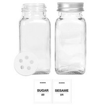 홈앤라이프 유리 양념통 사각 전용캡 180g 2p 세트, 1세트, 유리 양념통 2p + 투명스티커(설탕 + 참깨)