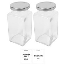 홈앤라이프 유리 양념통 사각 실버캡 300g 2p 세트, 1세트, 유리 양념통 2p + 투명스티커 (굵은소금 + 참깨)