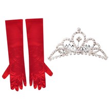 파티쇼 파티롱장갑 공단 38cm + 큐빅 티아라왕관A 중 + 대, 레드, 실버, 1세트