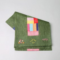 하율공방 고급 모시 전통 조각보 꽃자수 테이블러너, 카키색, 2m x 30.5cm