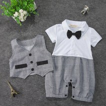 아이엠베베 남아용 젠틀체크 여름 우주복 + 조끼 + 타이 세트