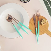 에펠 양식커트러리세트, 헤드(로즈골드), 손잡이(민트), 디너스푼 + 젓가락 + 디너포크 + 디너나이프