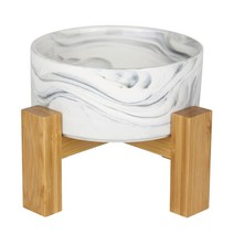 멍지 반려동물 2단 높이 세라믹 식기 L + 나무받침대, 마블링 그레이, 1세트