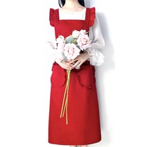 마이워니 원피스형 프릴 롱 에이프런 앞치마 + 두건, 레드