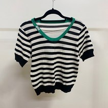메이첼 여성용 U넥 배색 스트라이프 반팔 니트 티셔츠 00049