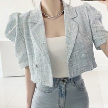비비에모 여성용 트위드 퍼프 숄더 크롭 숏 반팔 자켓 00093