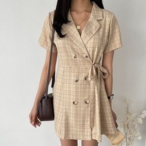 메이첼 러블리 슬림핏 카라넥 포인트 허리 매듭 체크패턴 반팔 미디 원피스 00085