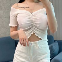 스키니어 여성용 스키니어 셔링 브이넥 크롭 티셔츠 오프숄더 겸용 lkf293