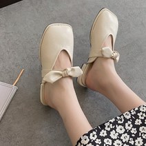 여성용 네르크 리본장식 뮬 미들 힐 구두