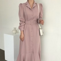 페이퍼먼츠 숄더 볼륨 카라 벨티드 하객 정장 룩 롱 원피스 00826