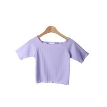 여성용 골지 웨이브 오프숄더 반팔 티셔츠 T9224K23