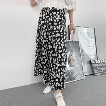 플랜데이 데일리 데이지 꽃 나염 후레아 밴딩 롱 스커트