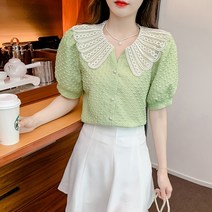 페이퍼먼츠 유니크 카라넥 페어리 레이스 쉬폰 반팔 블라우스 01788