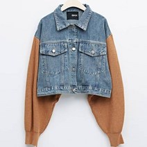 비엔엑스 여성용 데일리 소매 니트 배색 데님 크롭 자켓 BU3JK020L0