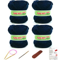 행복뜨기 갤럭시울 털 뜨개실 4볼 + 대바늘 6mm + 돗바늘 + 가죽라벨 + 목도리도안 세트, 2912 남색, 1세트