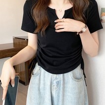 묘먀미 여성용 양쪽 셔링 오픈넥 슬림핏 반팔 티셔츠 AA013