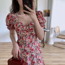 다담패키지 여성용 장미패턴 하트넥 소매 볼륨 원피스 HR725