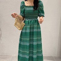 아이엠몽 여성용 알로하 퍼프소매 에스닉 패턴 원피스