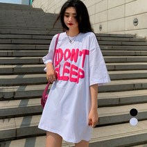 비비에모 여성용 데일리 라운드넥 박시 레터링 프린팅 롱 티셔츠 00196
