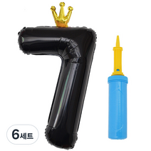 제이벌룬 은박 왕관 숫자풍선 대 7 + 손펌프세트, 블랙(풍선), 블루(손펌프), 6세트