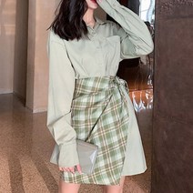 페이퍼먼츠 여성 봄 가을 그린 체크 랩 셔츠 원피스 6519