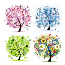 케이엠엘리 DIY 3D 사계절 나무 4종 원형 보석십자수 30 x 30 cm, 혼합색상, 1세트