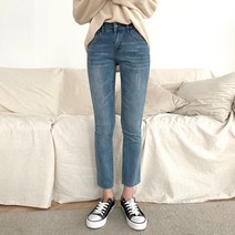 잘빠진 여성용 메이비 슬림 워싱 일자 데님팬츠