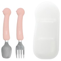 티지엠 휴대용 실리콘 스텐 펭귄 스푼 앤 포크 + 케이스, 코랄핑크, 스푼 + 포크 + 케이스, 1세트