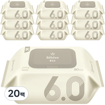 Bebeen K 6.0 저자극 엠보싱 아기물티슈 캡형, 80매, 20팩