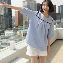 빼빼 여성용 고방체크 퍼프소매 반팔 블라우스