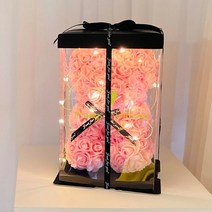 러블리팜 조화 로즈베어 스몰 + 전용 케이스 + LED 전구 + 레터링 시트지 + 리본 장식 세트, S사이즈, 기념일, 핑크(로즈베어), 기념일(레터링시트지)