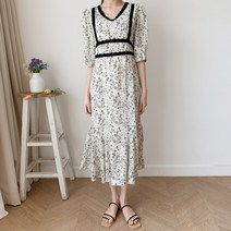 여성용 시지나 브이넥 레이스프릴 플라워 롱 원피스 OPS6473K15