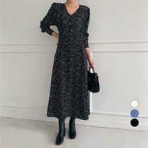 무드인더 여성용 브이넥 스트랩 도트 긴팔 원피스