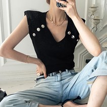 비비에모 여성용 브이넥 엣지 버튼 민소매 티셔츠 00071