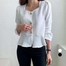 무드인더 여성용 플레어 금장버튼 트위드 블라우스