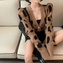 아이엠몽 여성용 브이넥 레오파드 찬느 니트 가디건