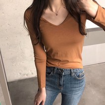 체리체리 여성용 쫀쫀 기본 브이넥 긴팔 티셔츠