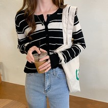 레몬소울 여성용 팅팅 단가라 배색 니트 가디건