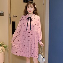 임산부 출산외출복 리본타이 도트무늬 긴팔 플리츠 원피스