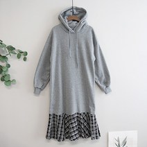 이얀 체크 배색 기모 임산부 후드 원피스