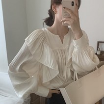 벌룬 플리츠 프릴 블라우스