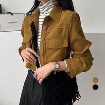 세컨그라운드 여성용 모직 크롭 카라넥 자켓