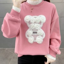 여성용 벨티드 자수 플라워 곰돌이 맨투맨