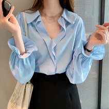 여성용 MA 페미닌 셔링 카라 블라우스