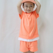 아이크래용 아동용 형광 메쉬 레이어드 반팔 반바지 세트