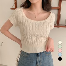 베러스윗 여성용 스퀘어넥 꽈배기 크롭 반팔 니트