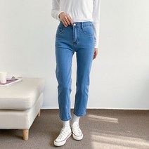 헤이진 여성용 뒷밴딩 슬림일자 스판 데님팬츠